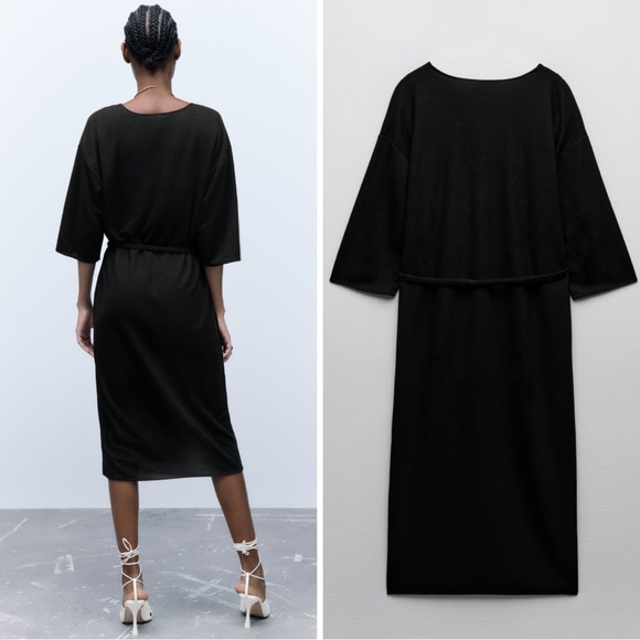 Zara dress with belt 🖤 midi length v neck kimono sleeve straight cut 🖤 black L - Picture 3 of 16